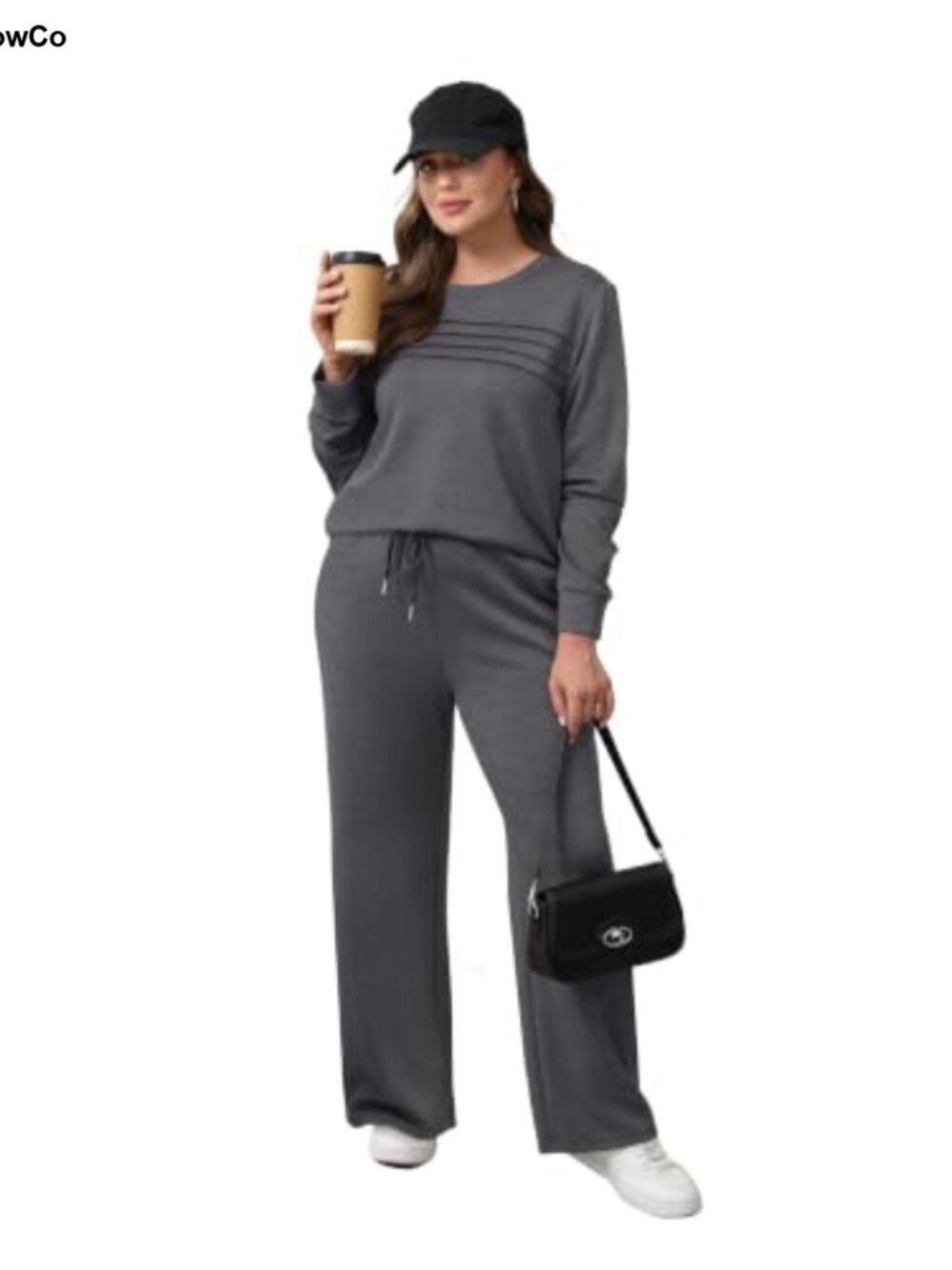 Women's 2 Piece Sweatsuit Set Crewneck Pleated Top Wide Leg Pants - Picture 2 of 6